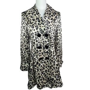 Helene Berman London Leopard‎ Trench Coat S Satin Animal Print Double Breasted